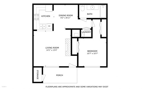 Floor plan for 1 bed, 1 bath, 754 sqft